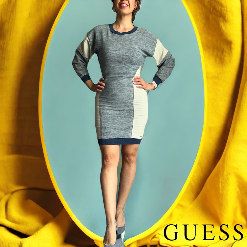 NWT GUESS Womens Dobby Heather Blue Beige Knit Crew Neck Bodycon Dress Size XS